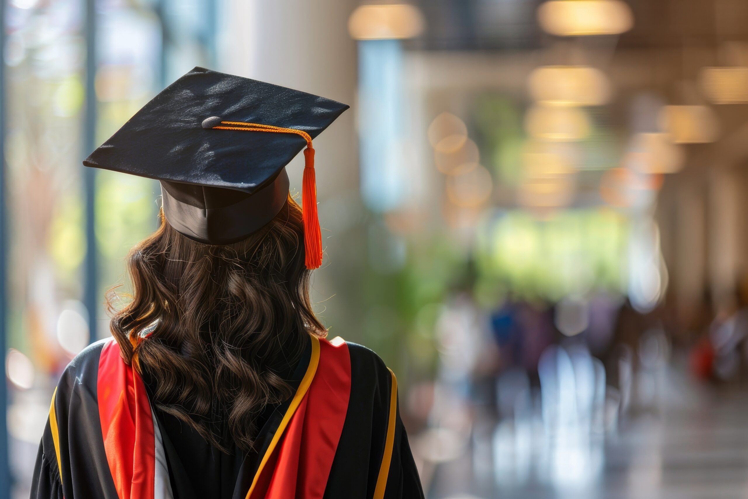Back view image of graduate student in graduation cap Generative AI Back view image of graduate student in graduation cap Generative AI